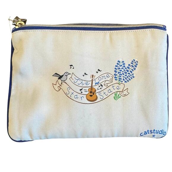 Catstudio Texas Map Embroidered Zip Pouch Travel Cosmetic Bag Cream Multicolor - Picture 2 of 6